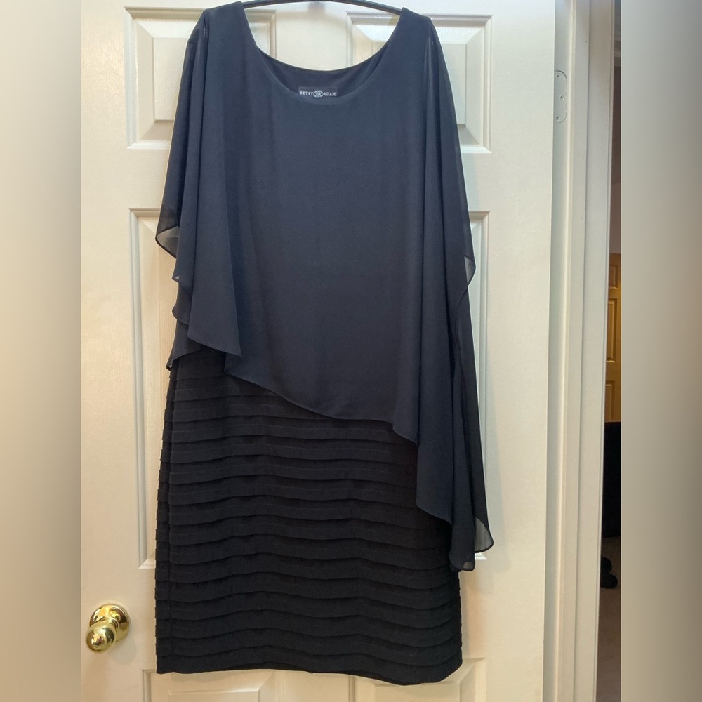 Betsy & Adam Black Layered Chiffon Midi Dress, size 14w